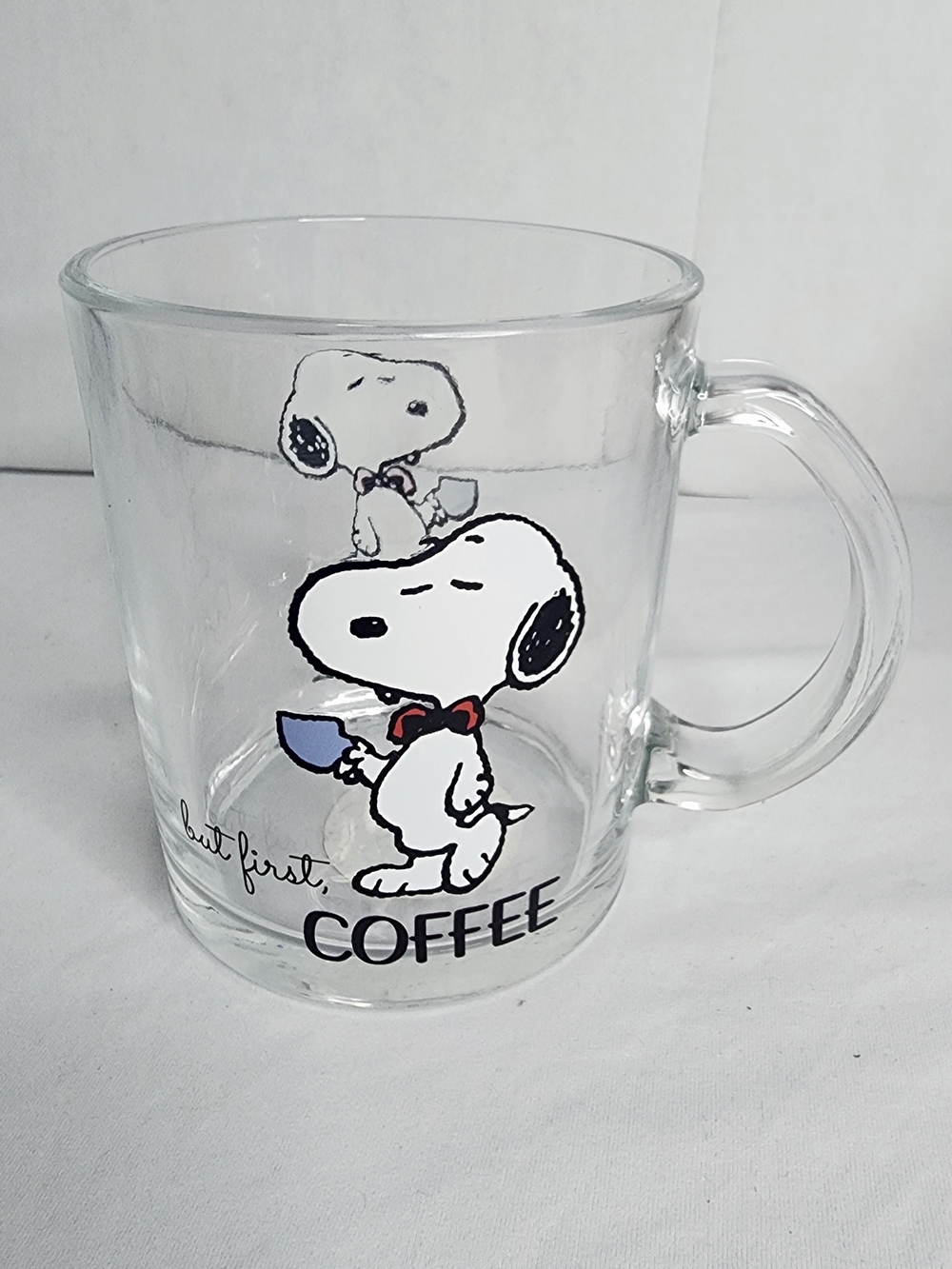Peanuts Snoopy Glass Coffee Mug But First Coffee Clear Soda Lime Glass Cup